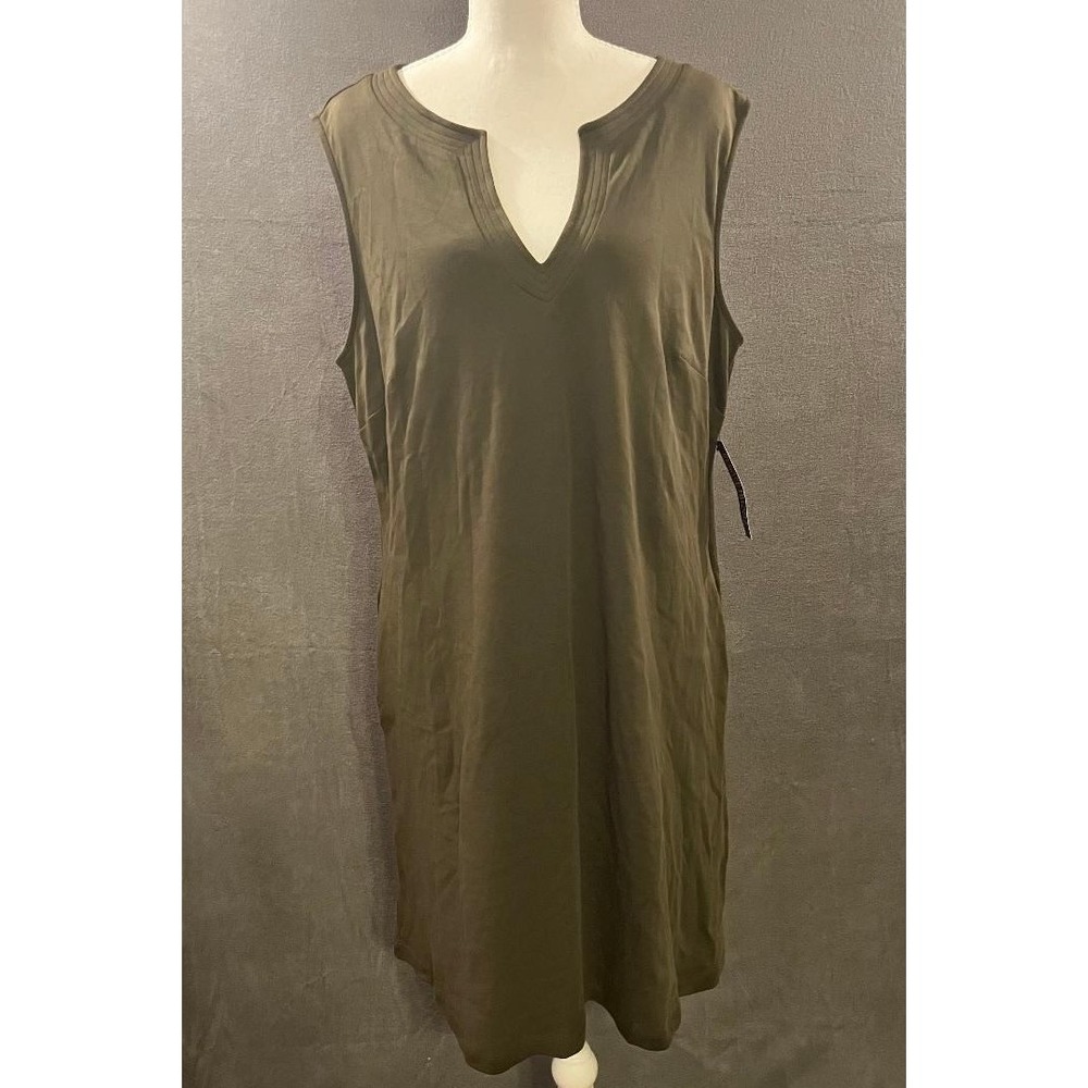 NWT New York & Company Olive Green Cotton Sleeveless Split Neck Shift Dress XL - Picture 1 of 8